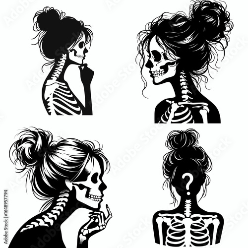 Female with messy bun Skeleton Curious. Retro Vintage Cartoon Clipart Silhouette Vector Line Art Illustration. Woman sporting untidy hairdo bony figure inquisitive appearance.
