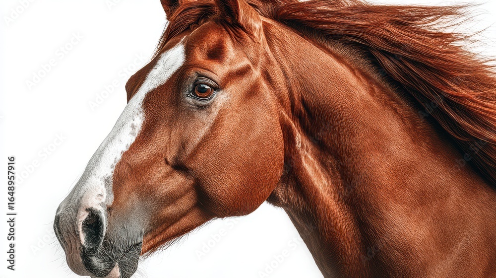 Fototapeta premium Majestic chestnut horse with flowing mane captured in a close-up portrait against a bright background