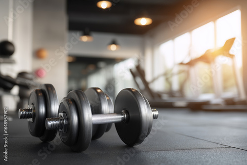 Close-up of black dumbbells on gym floor with blurred cardio equipment and natural sunlight in the background
