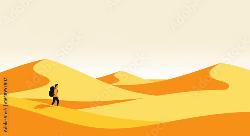 Desert Trek Minimalist Illustration Of A Hiker Journeying Across Sandy Dunes