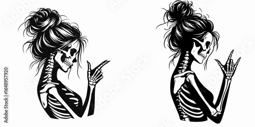 Female with messy bun Skeleton Doing Finger Guns. Retro Vintage Cartoon Clipart Silhouette Vector Line Art Illustration. Woman sporting untidy hairdo bony anatomy using hand gesture.
