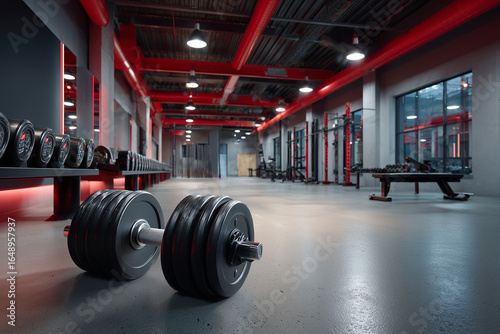 Modern gym interior with heavy dumbbells and fitness equipment in a spacious, well-lit workout area