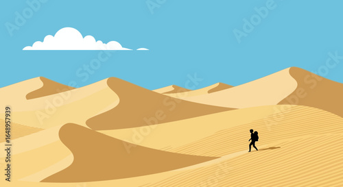 Desert Trekking Adventure Silhouette Under Sunny Blue Sky With Cumulus Cloud