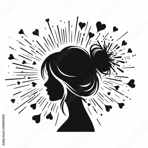 Female with messy bun Skeleton Exploding Love. Retro Vintage Cartoon Clipart Silhouette Vector Line Art Illustration. Woman sporting undone hairdo bony frame bursting forth affection passion.
