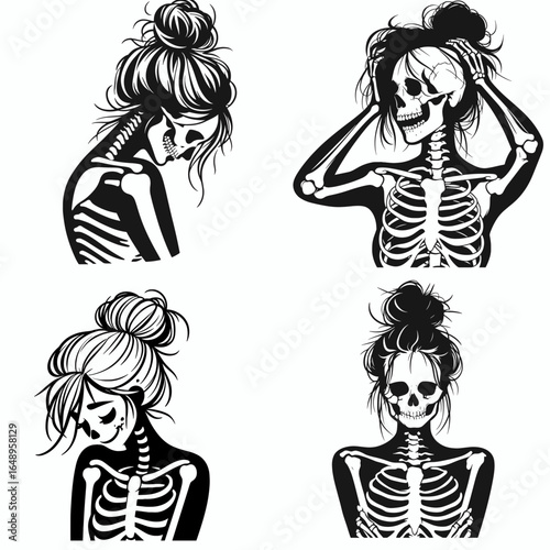 Female with messy bun Skeleton Feeling Broken Yet Smiling. Retro Vintage Cartoon Clipart Silhouette Vector Line Art Illustration. Woman having untidy chignon bony figure experiencing anguish.