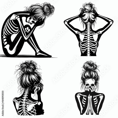 Female with messy bun Skeleton Feeling Trapped. Retro Vintage Cartoon Clipart Silhouette Vector Line Art Illustration. Woman untidy hair knot bone figure inner distress confinement.