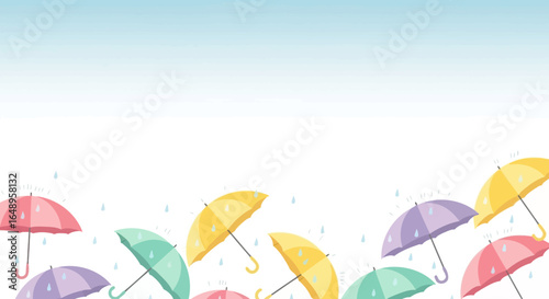 Cute Colorful Umbrellas On Rainy Day Background With Space For Text