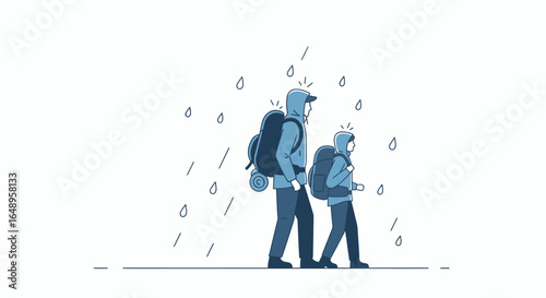 Determined Hikers Walking Together In The Rain With Backpacks On A Trek