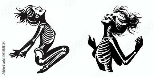 Female with messy bun Skeleton Floating in Joy. Retro Vintage Cartoon Clipart Silhouette Vector Line Art Illustration. Woman figure loose hair knot bones gliding happily utmost glee.