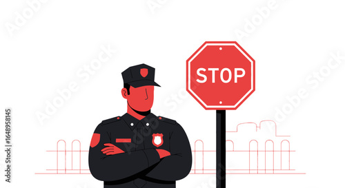 Determined Officer Standing Guard Near a Stop Sign Illustration