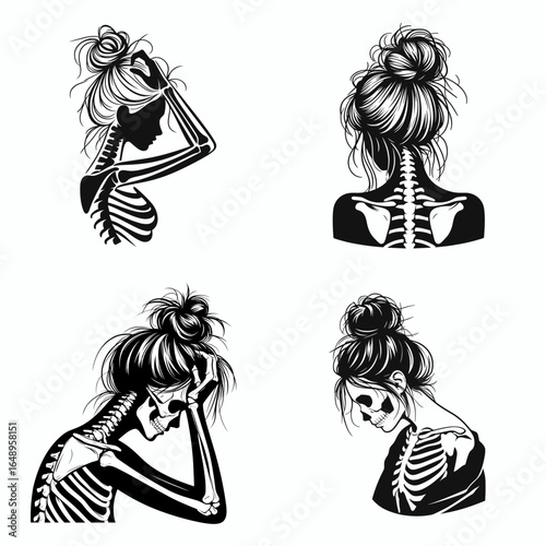 Female with messy bun Skeleton Frustrated. Retro Vintage Cartoon Clipart Silhouette Vector Line Art Illustration. Woman disheveled hair knot bone figure showing irritation and annoyance.