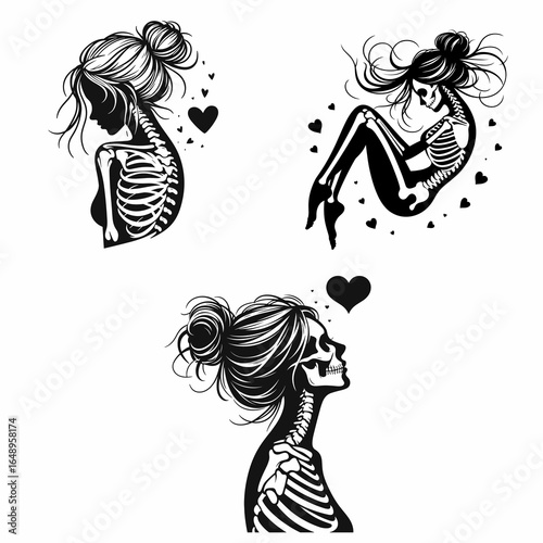 Female with messy bun Skeleton Floating in Love. Retro Vintage Cartoon Clipart Silhouette Vector Line Art Illustration. Woman figure untidy hair knot bone form levitating amid romance.