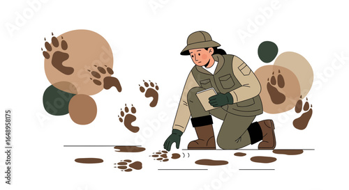 Determining The Species: Zoologist Studies Animal Footprints In Nature