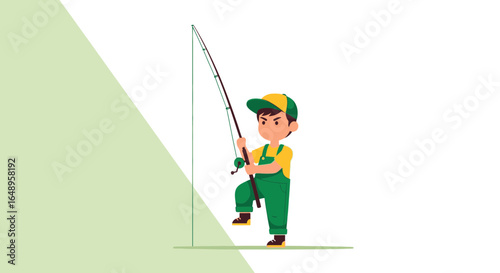 Determined Young Angler Fishing Vector Character Ready To Reel His Prize