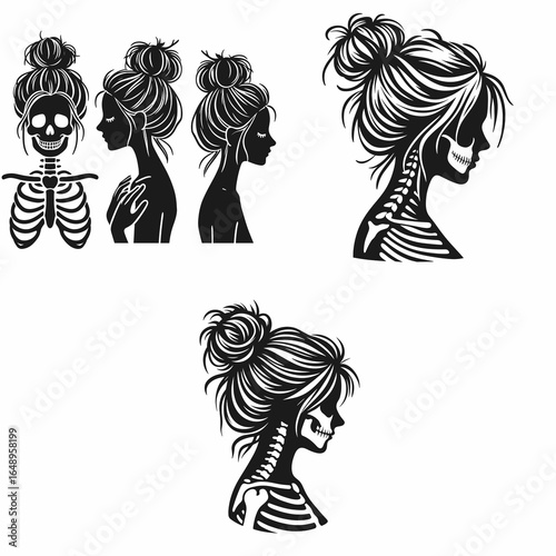 Female with messy bun Skeleton Grateful. Retro Vintage Cartoon Clipart Silhouette Vector Line Art Illustration. Woman having untidy hair knot undead thankful figure happy persona.