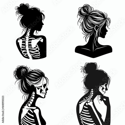 Female with messy bun Skeleton Hopeful. Retro Vintage Cartoon Clipart Silhouette Vector Line Art Illustration. Woman sporting undone hair bone structure optimistic outlook concept.