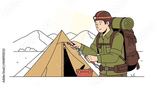 Diligent Hiker Repairs Tent Zipper At Campsite Against Mountain Backdrop