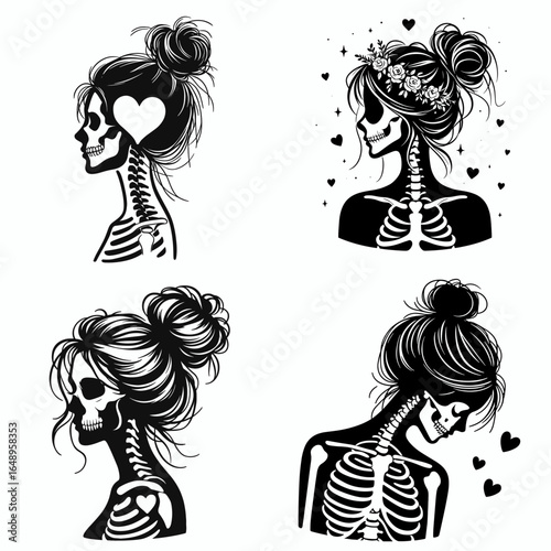 Female with messy bun Skeleton In Love. Retro Vintage Cartoon Clipart Silhouette Vector Line Art Illustration. Girl disheveled hair skull figure affection romantic theme.