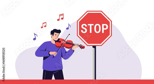 Disregarding Rules Man Playing Violin Near Stop Sign Minimal Illustration