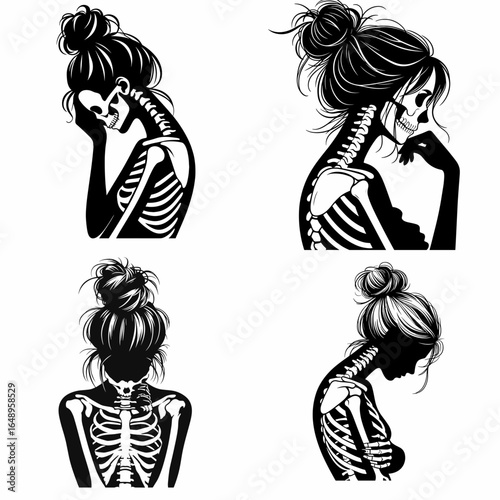 Female with messy bun Skeleton Regretful. Retro Vintage Cartoon Clipart Silhouette Vector Line Art Illustration. Woman having untidy hairdo bone remorseful sorrow emotion.