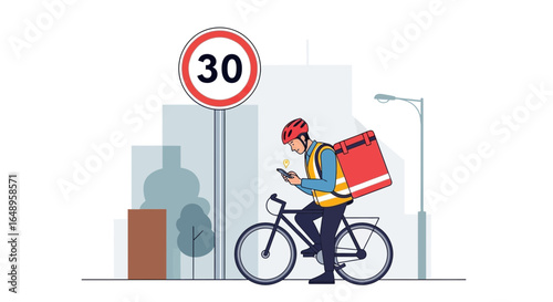 Cyclist Delivery Person With Red Backpack And Phone On City Street Background
