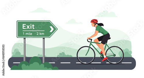 Cyclist Enjoying A Leisurely Ride On The Paved Road Towards The Exit Sign