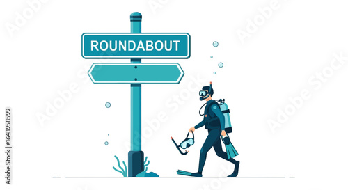 Diver Direction Seeking Underwater Adventure Near Coastal Roundabout Sign