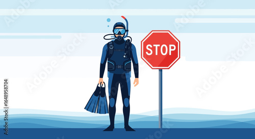 Diver Stands Near Stop Sign Sea Safety Concept Visual Illustration