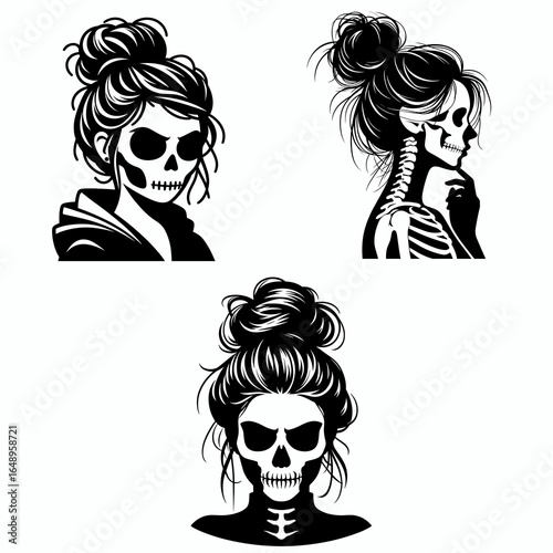Female with messy bun Skeleton Suspicious. Retro Vintage Cartoon Clipart Silhouette Vector Line Art Illustration. Woman having untidy hair knot bone figure acting distrustful odd.