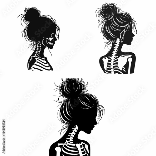 Female with messy bun Skeleton Sympathetic. Retro Vintage Cartoon Clipart Silhouette Vector Line Art Illustration. Woman having unkempt hairdo skull kind understanding humanoid being.