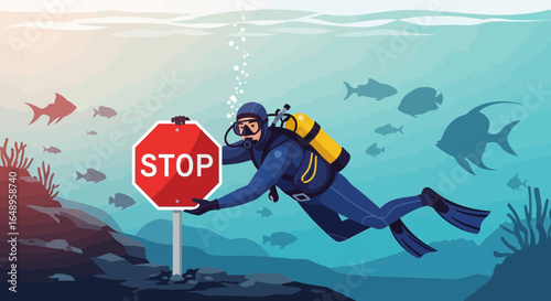 Diver Shows A Stop Sign Underwater To Raise Awareness About Ocean Pollution