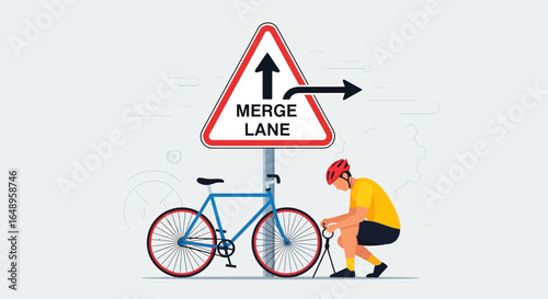 Cyclist Fixing Tire Next Merge Lane Sign Attention Ride Safe Concept