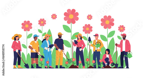 Diverse Community Team Working Together In Flower Garden Flat Illustration Vector