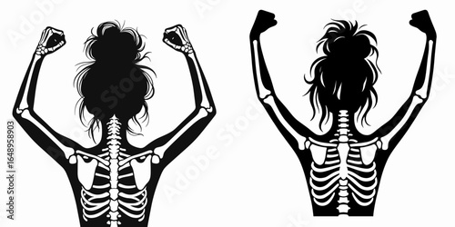 Female with messy bun Skeleton Triumphing. Retro Vintage Cartoon Clipart Silhouette Vector Line Art Illustration. Woman sporting casual hair knot bone figure winning celebrating.