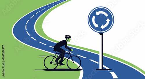 Cyclist On Road Navigating A Roundabout Route For An Eco Friendly Trip