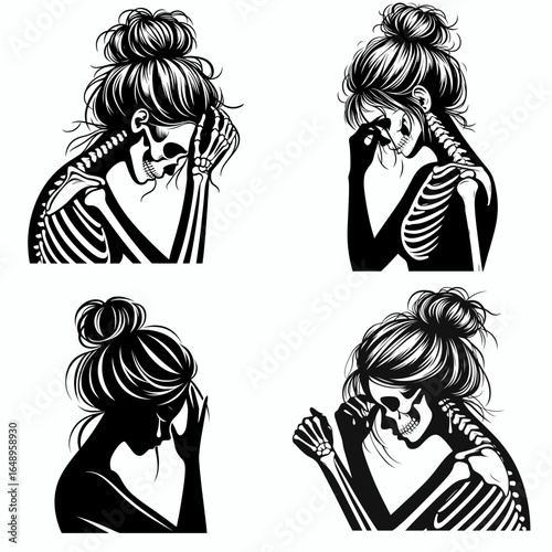 Female with messy bun Skeleton Trying Not to Cry. Retro Vintage Cartoon Clipart Silhouette Vector Line Art Illustration. Woman untidy hairdo bony figure concealing emotion near tears.