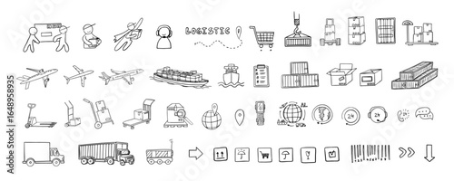 Big set of logistics theme in doodle style. Pushcart, cargo. Sea transportation, air transportation, truck transportation, transport. Messenger