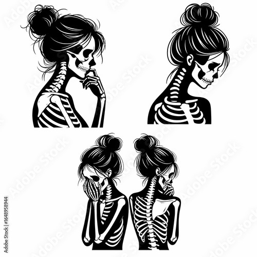 Female with messy bun Skeleton Worried. Retro Vintage Cartoon Clipart Silhouette Vector Line Art Illustration. Woman sporting undone hair skull showing concern anxious human figure.
