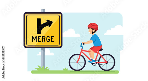 Cyclist Passes A Road Merge Sign On Sunny Day In Minimalist Style