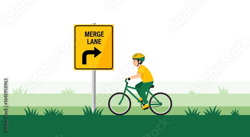 Cyclist Passing Merge Lane Road Sign During Green Landscape Illustration