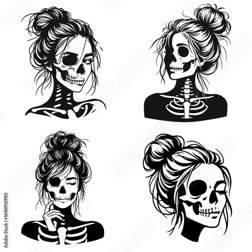 Female with messy bun Skeleton Winking. Retro Vintage Cartoon Clipart Silhouette Vector Line Art Illustration. Woman sporting disheveled hairstyle skull playful gaze halloween image.