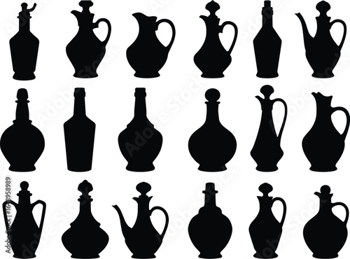 A diverse collection of decanter and bottle silhouettes, featuring various shapes and styles for wine, oil, and other liquids, vector icons.
