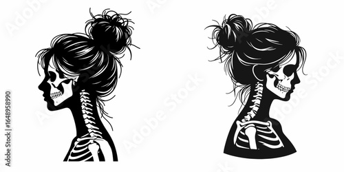 Female with messy bun Skeleton Zoning Out. Retro Vintage Cartoon Clipart Silhouette Vector Line Art Illustration. Woman having unruly hair skull daydreaming detached from surrounding.