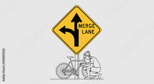 Cyclist Repairing Bicycle Under Merge Lane Sign On Road Illustration