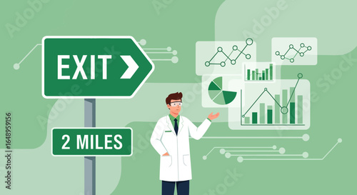 Doctor Explaining Data Analysis Results Near Exit Signage In The Laboratory