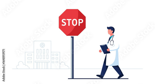 Doctor In Uniform Walks Near A Stop Sign With Hospital Background Graphic