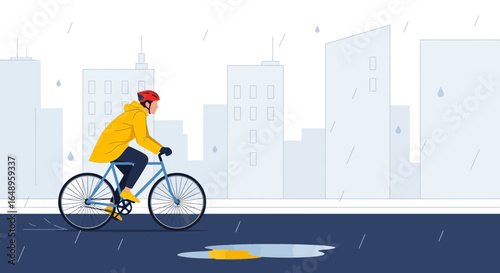 Cyclist Riding Bike Through City Streets During Rainy Weather With Waterproof Gear