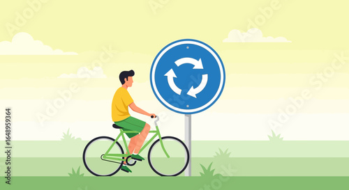 Cyclist Riding Near Traffic Circle Road Sign On A Breezy Day Scene