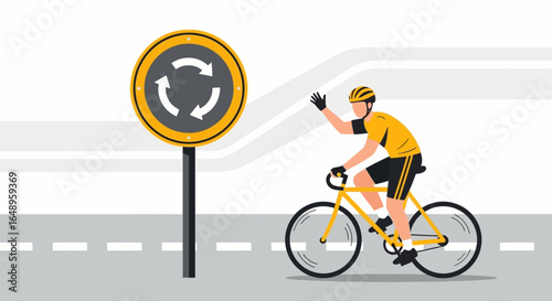 Cyclist Riding Near Roundabout Sign On City Street During The Day