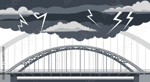 Dramatic bridge scene with looming storm clouds and lightning strikes backdrop landscape